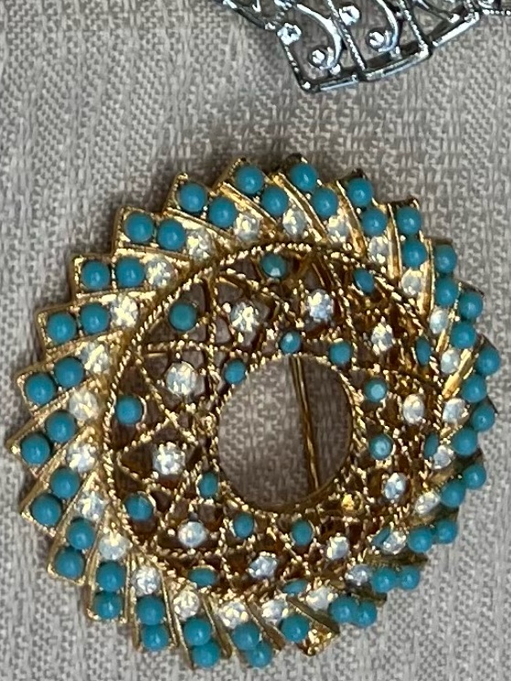 Gold-Tone Brooch With Turquoise Beads And Clear Stones - Women Jewelry